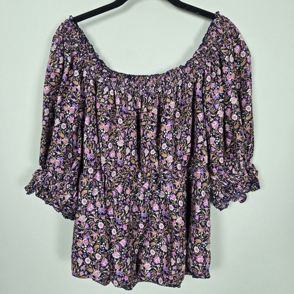 Old Navy Womens Dark Floral Puff Sleeve Top 2X Pink Smocked Peasant Cottagecore